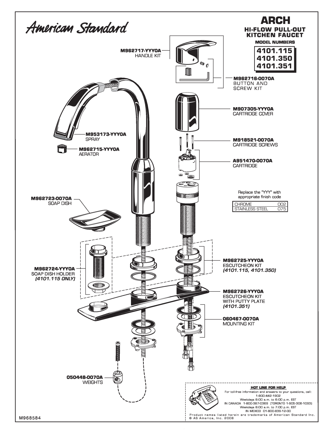 American Standard 4101.115 installation instructions Arch, 4101.350, 4101.351, Hi-Flow Pull-Out, Kitchen Faucet 
