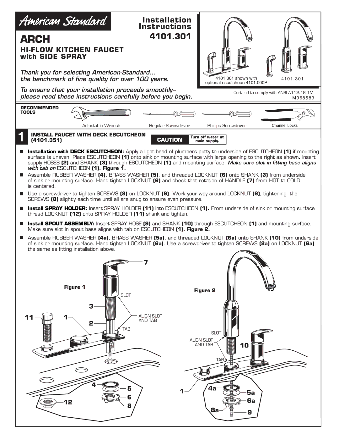 American Standard 4101.301 installation instructions Install Faucet with Deck Escutcheon, 4101.351 