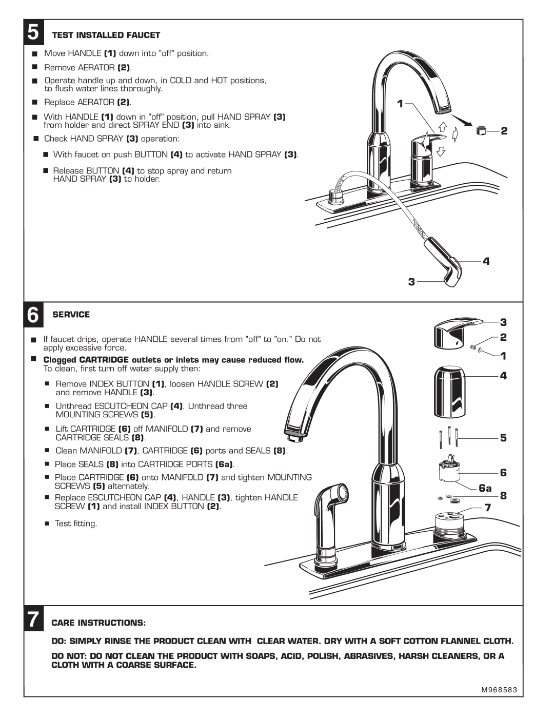 American Standard 4101.301 Test Installed Faucet, Service, Clogged Cartridge outlets or inlets may cause reduced ﬂow 