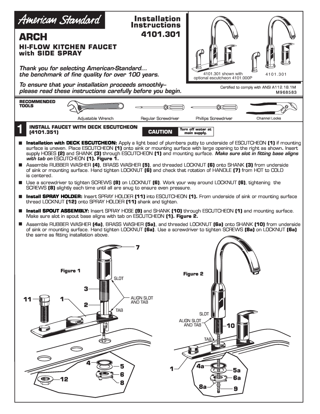 American Standard 4101.301 installation instructions Arch, Installation, Instructions, Hi-Flowkitchen Faucet 