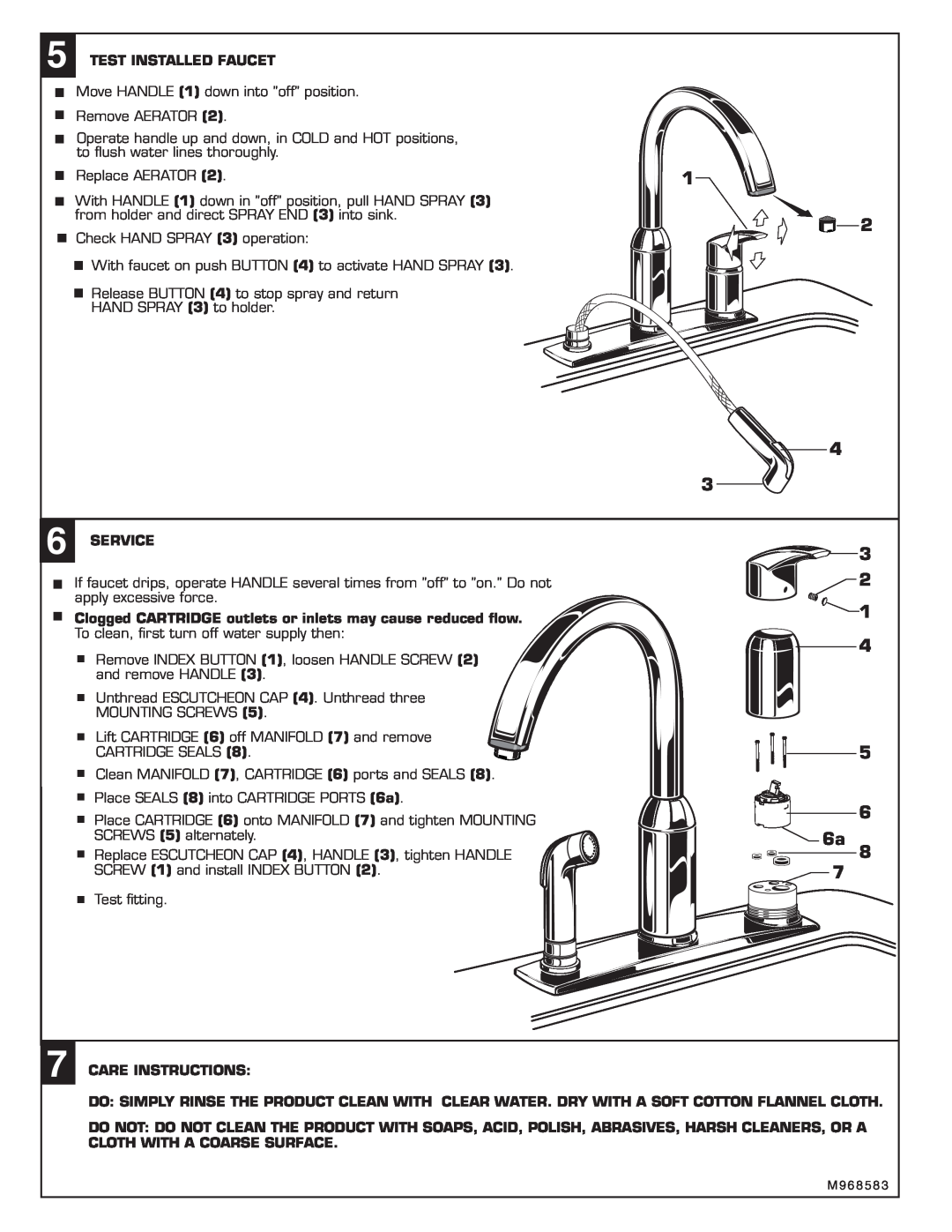 American Standard 4101.301 installation instructions Test Installed Faucet, Service, Care Instructions 