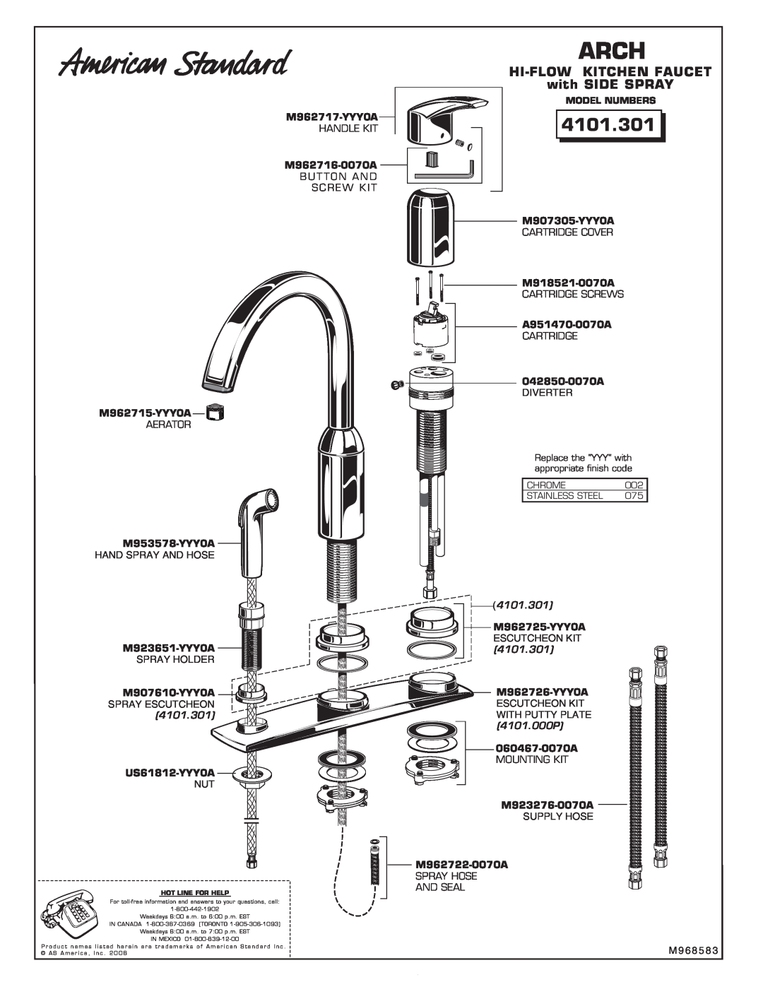 American Standard 4101.301 installation instructions Arch, HI-FLOWKITCHEN FAUCET with SIDE SPRAY 