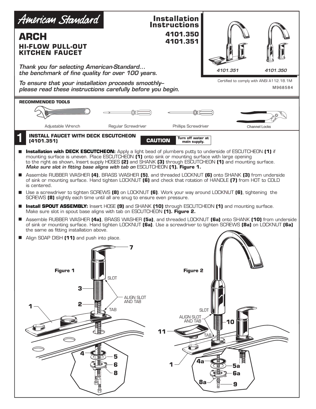 American Standard 4101.351, 4101.350 installation instructions Install Faucet with Deck Escutcheon 