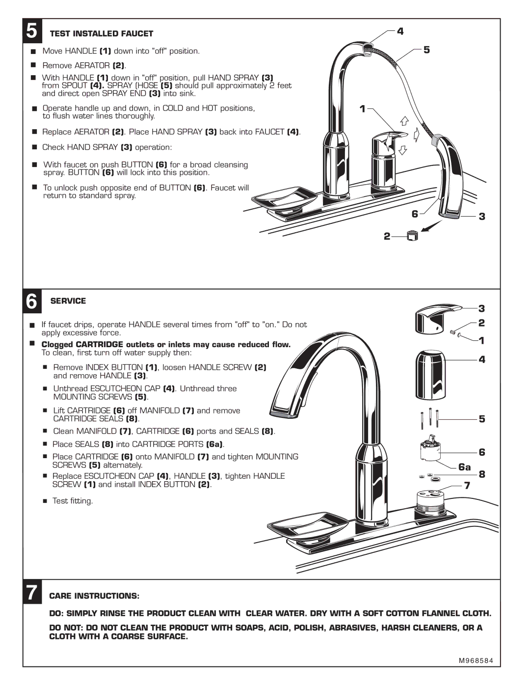 American Standard 4101.350 Test Installed Faucet, Service, Clogged Cartridge outlets or inlets may cause reduced ﬂow 