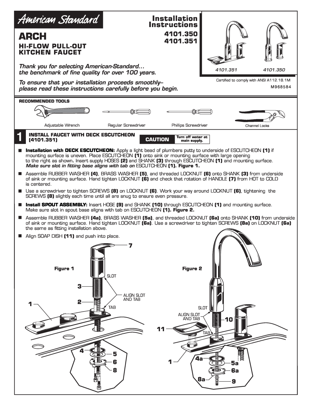 American Standard 4101.351 installation instructions Arch, 4101.350, Hi-Flow Pull-Out, Kitchen Faucet, Installation 