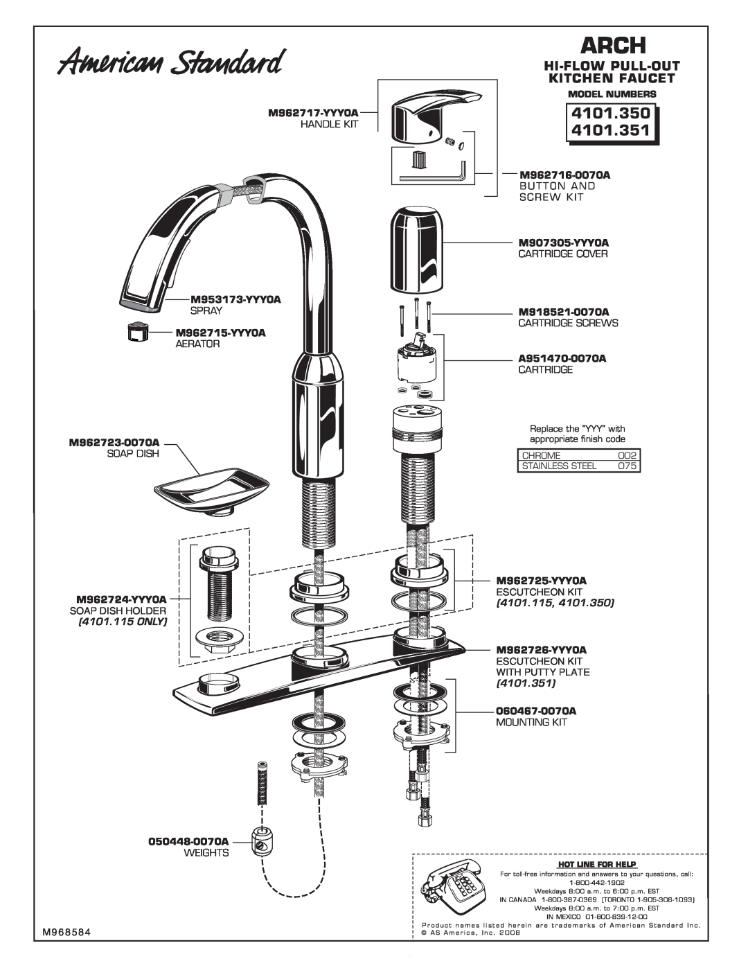 American Standard 4101.351 installation instructions Arch, 4101.350, Hi-Flow Pull-Out, Kitchen Faucet 