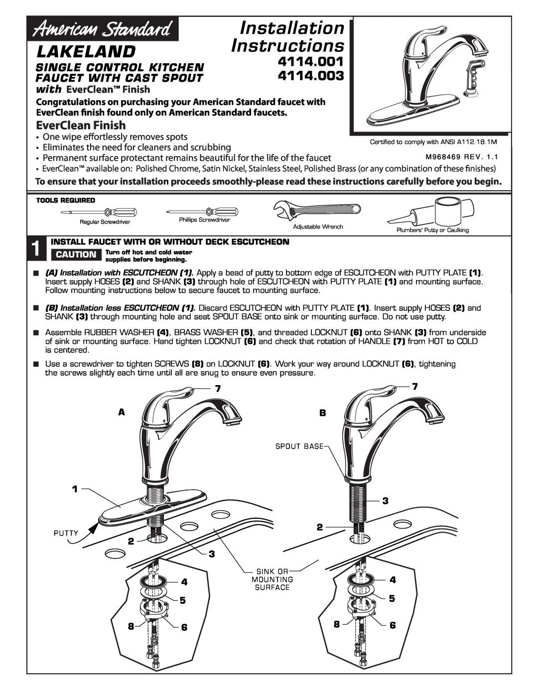 American Standard 4114.003 installation instructions Installation Instructions, Lakeland, 4114.001, EverClean Finish 