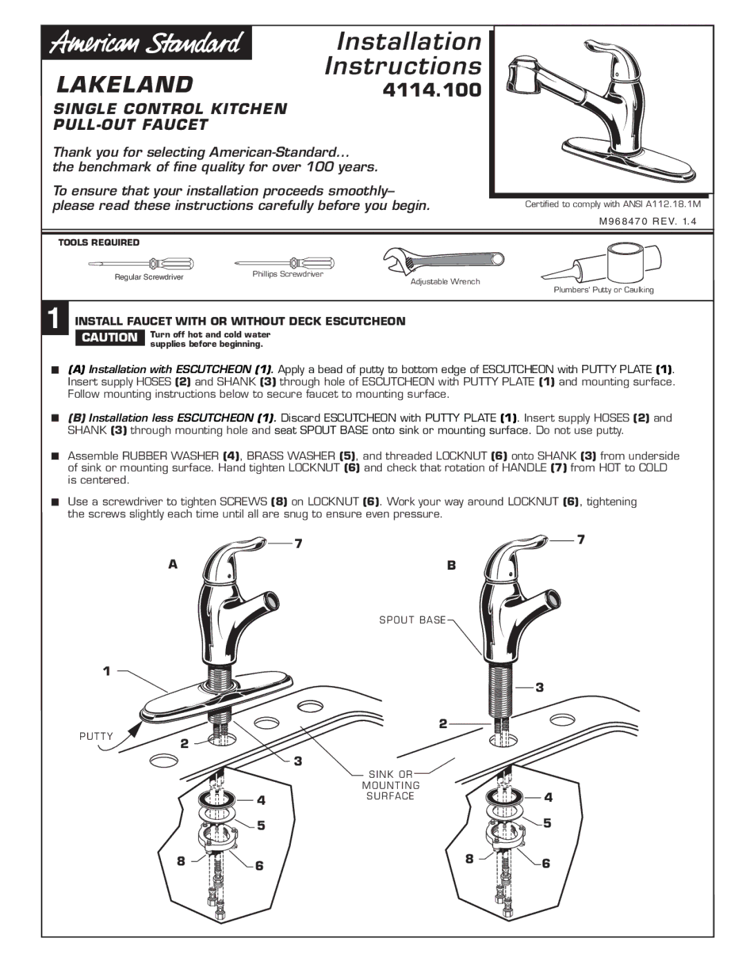 American Standard 4114.1 installation instructions Installation Instructions 