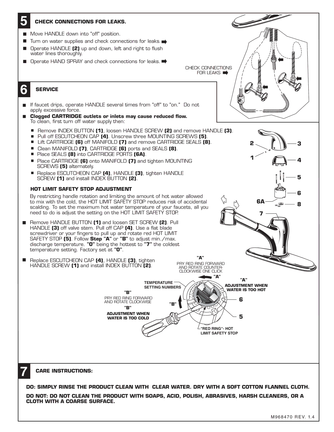 American Standard 4114.1 Check Connections for Leaks, Service, Clogged Cartridge outlets or inlets may cause reduced ﬂow 