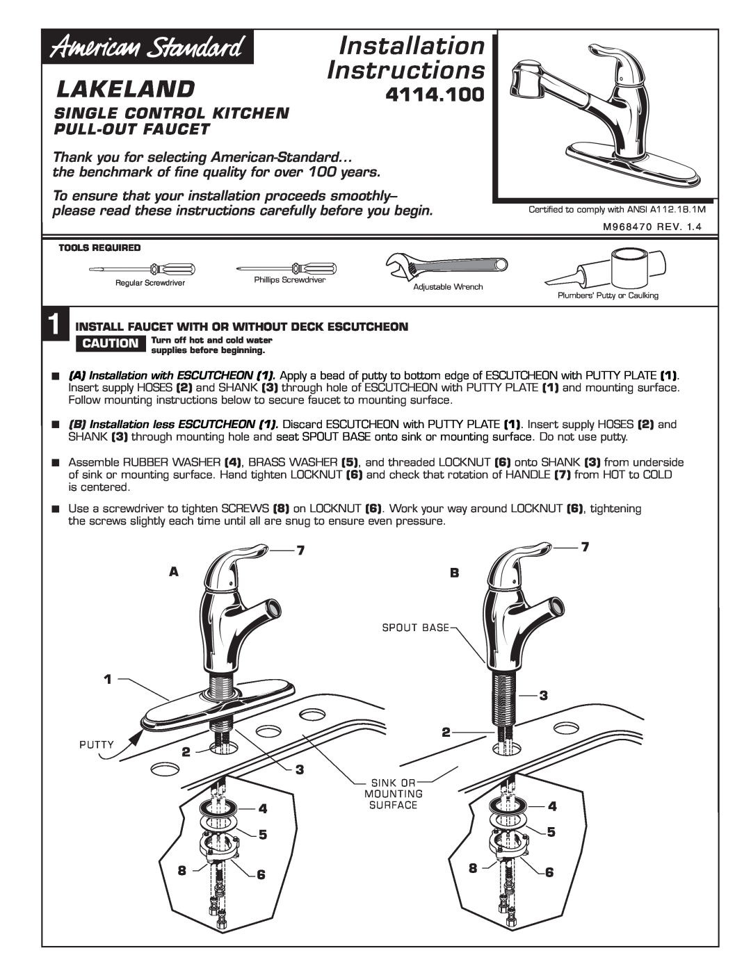 American Standard Installation Instructions, LAKELAND4114.100, Single Control Kitchen Pull-Out Faucet 