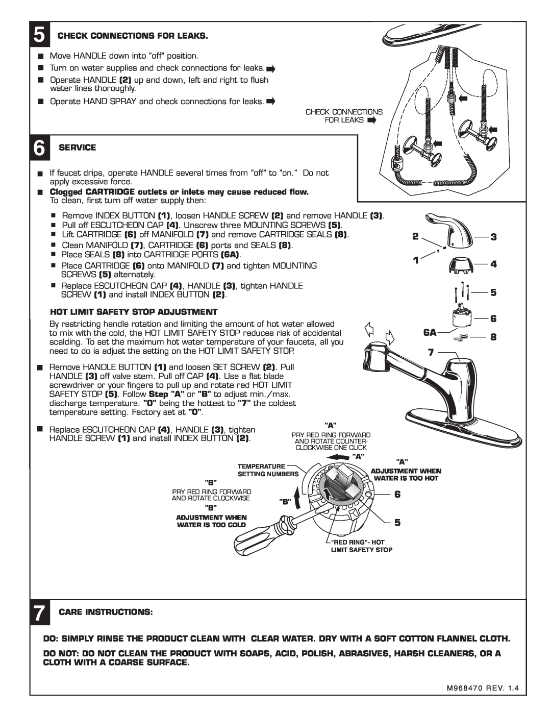 American Standard 4114.1 Check Connections For Leaks, Service, Clogged CARTRIDGE outlets or inlets may cause reduced ﬂow 