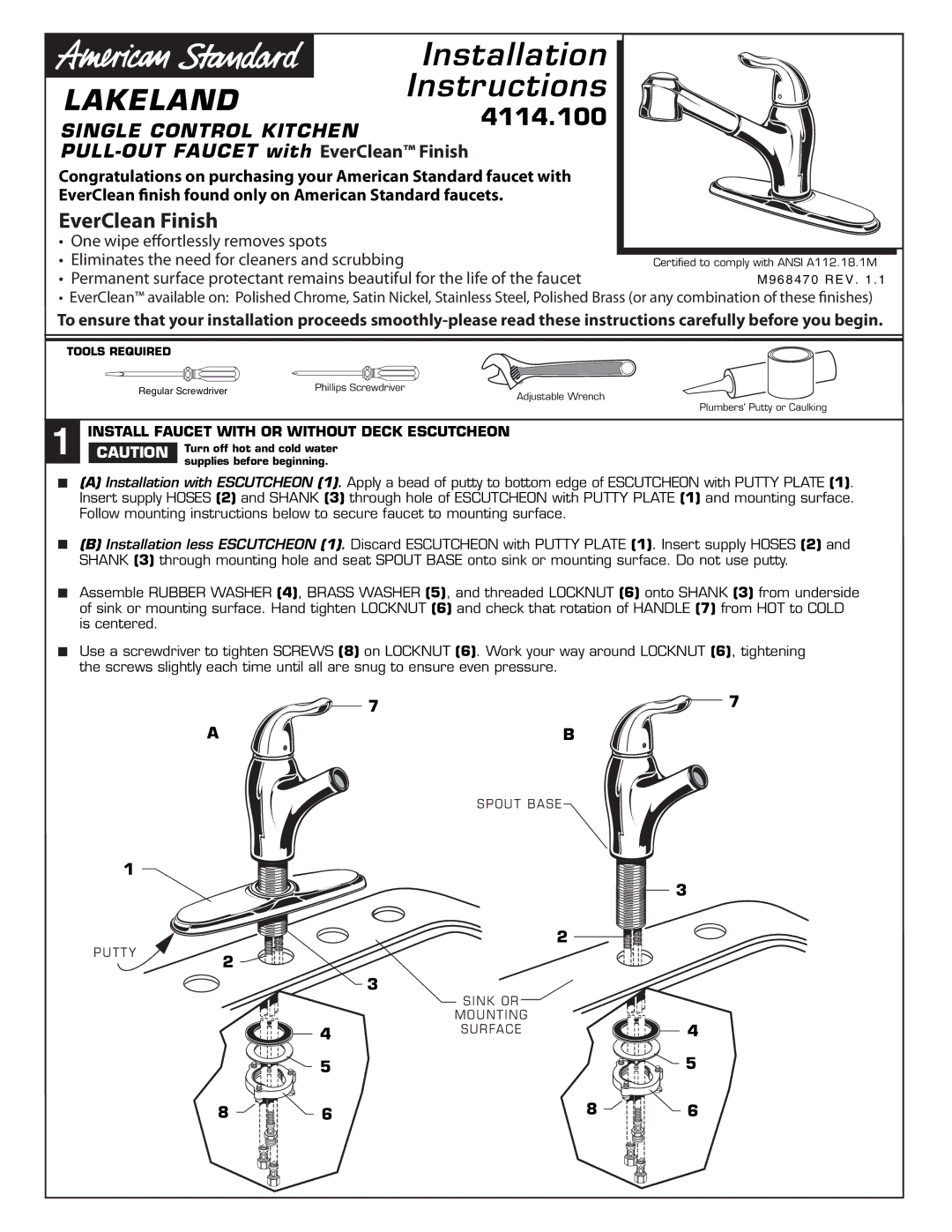 American Standard 4114.100 installation instructions Installation Lakeland Instructions 