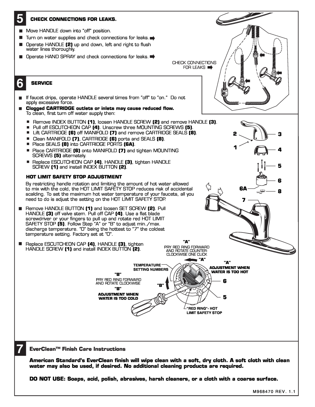 American Standard 4114.100 EverClean Finish Care Instructions,  Check Connections For Leaks,  Service, 23 1 5 6 6A8 