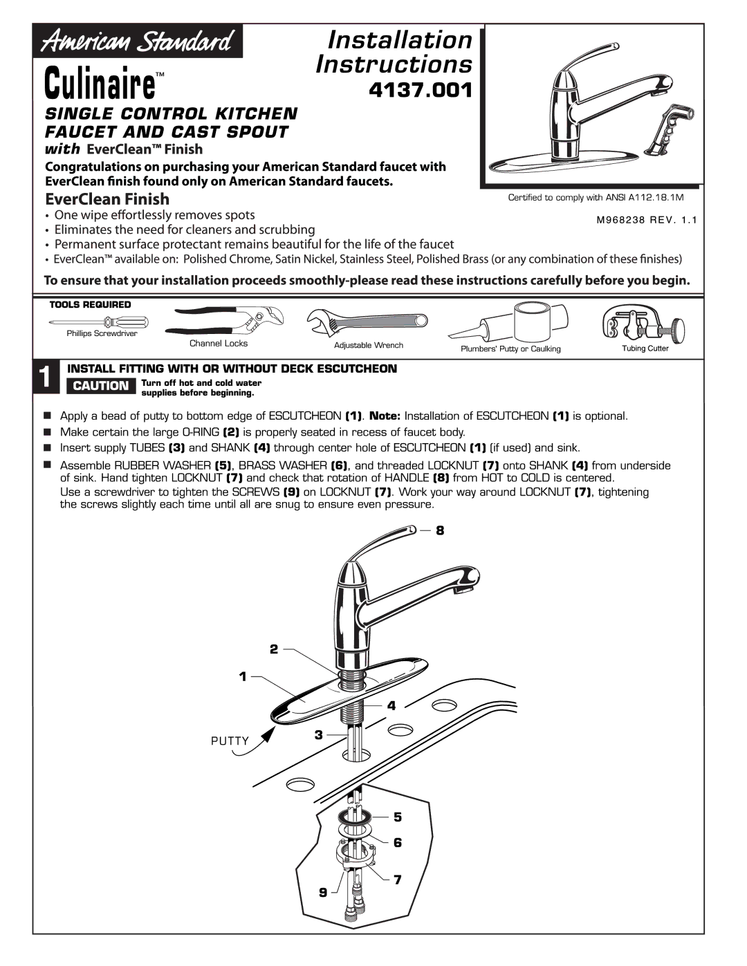 American Standard 4137.001 manual 