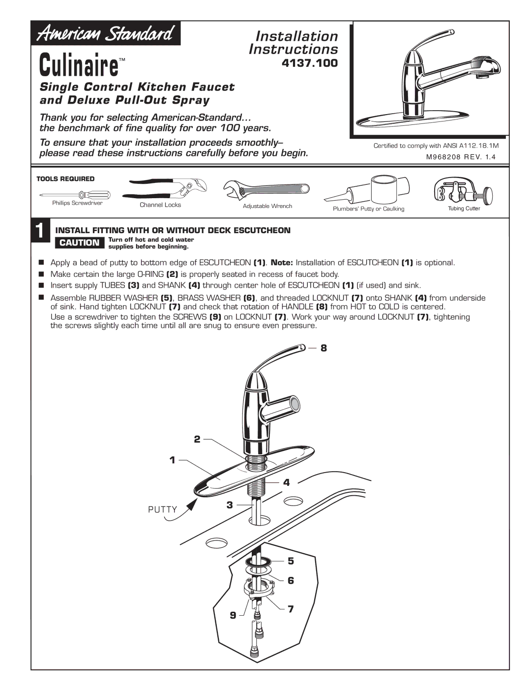 American Standard 4137.1 installation instructions Culinaire, Install Fitting with or Without Deck Escutcheon 