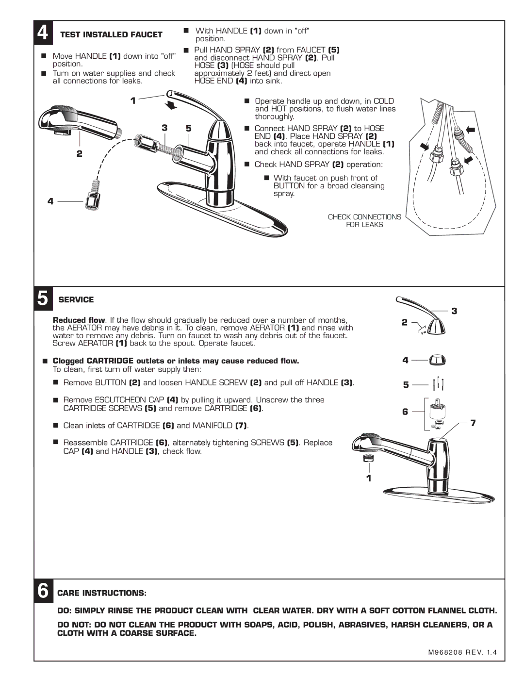 American Standard 4137.1 installation instructions Test Installed Faucet, Service 