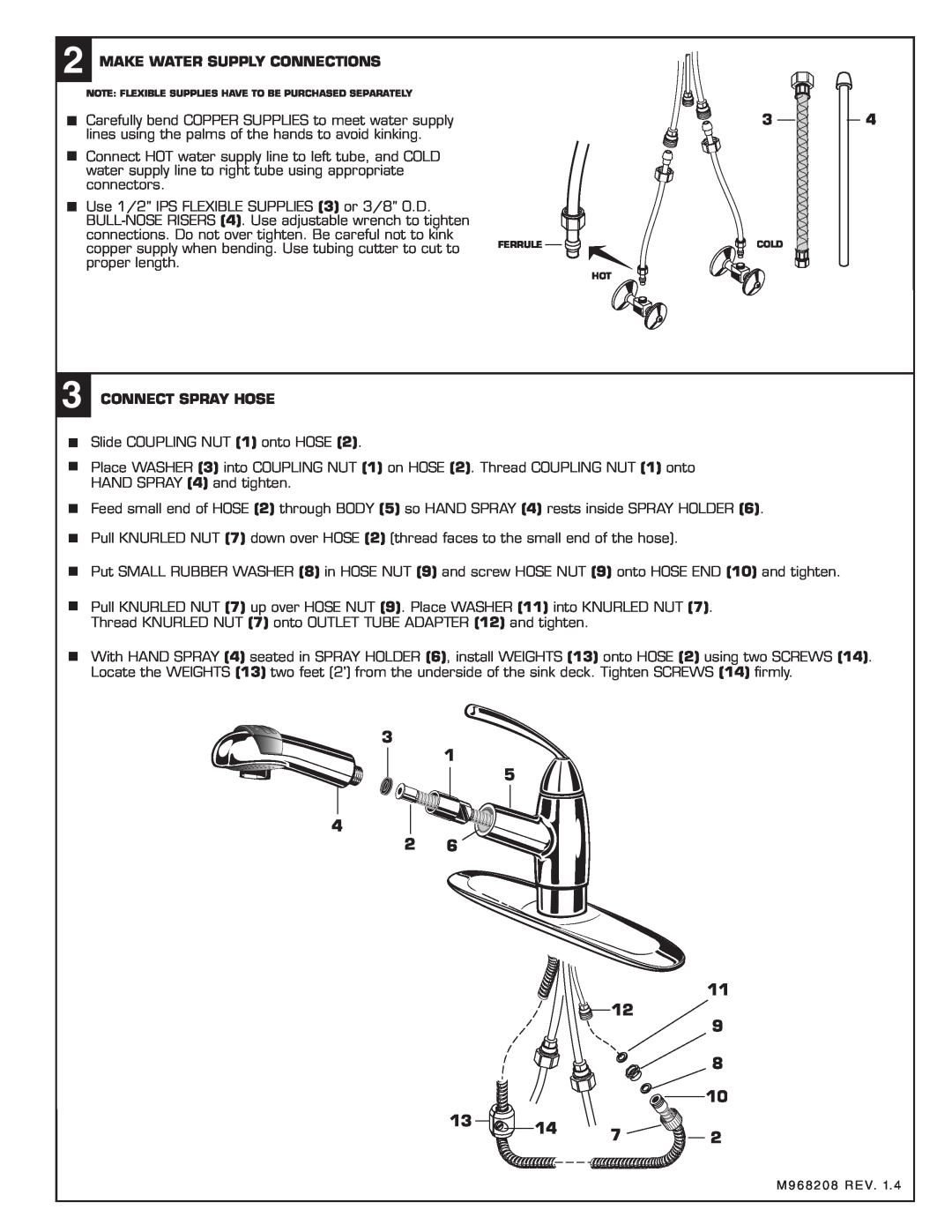 American Standard 4137.1 installation instructions Make Water Supply Connections, Connect Spray Hose, 4 2 