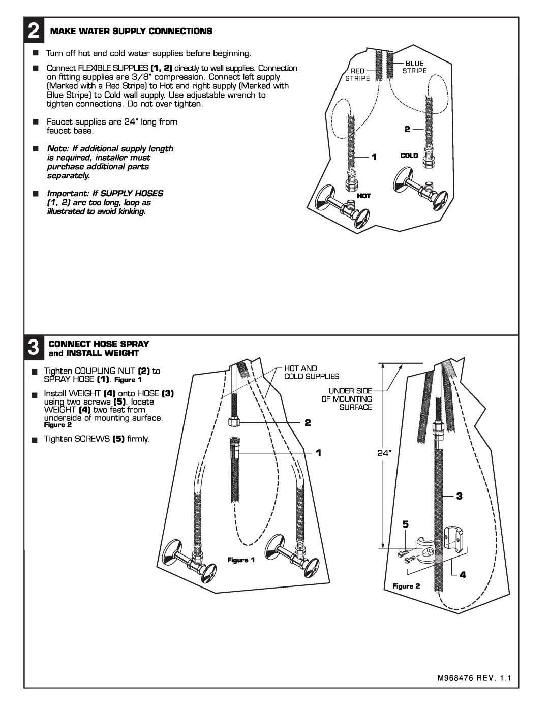 American Standard 4147.100 installation instructions Make Water Supply Connections, CONNECT HOSE SPRAY and INSTALL WEIGHT 