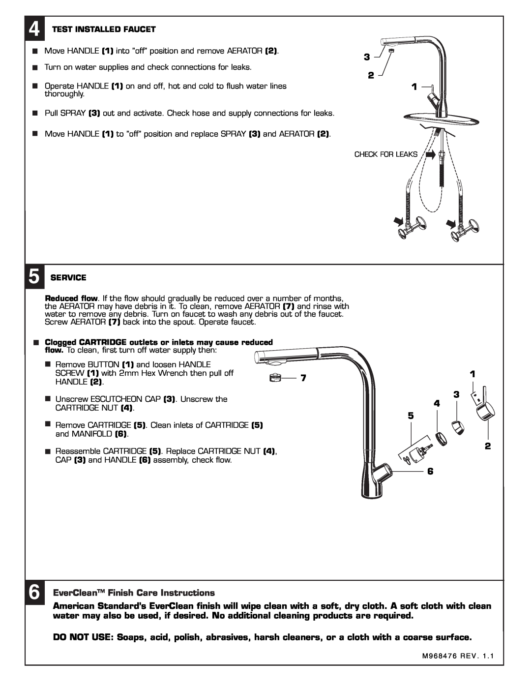 American Standard 4147.100 installation instructions Test Installed Faucet, Service, EverClean Finish Care Instructions 