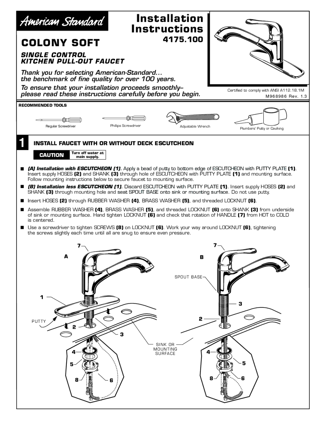 American Standard 4175.1 installation instructions Installation Instructions 