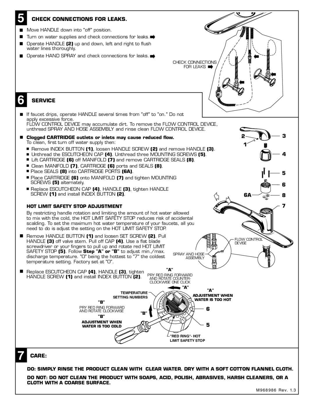 American Standard 4175.1 installation instructions Check Connections for Leaks, Service, Care 