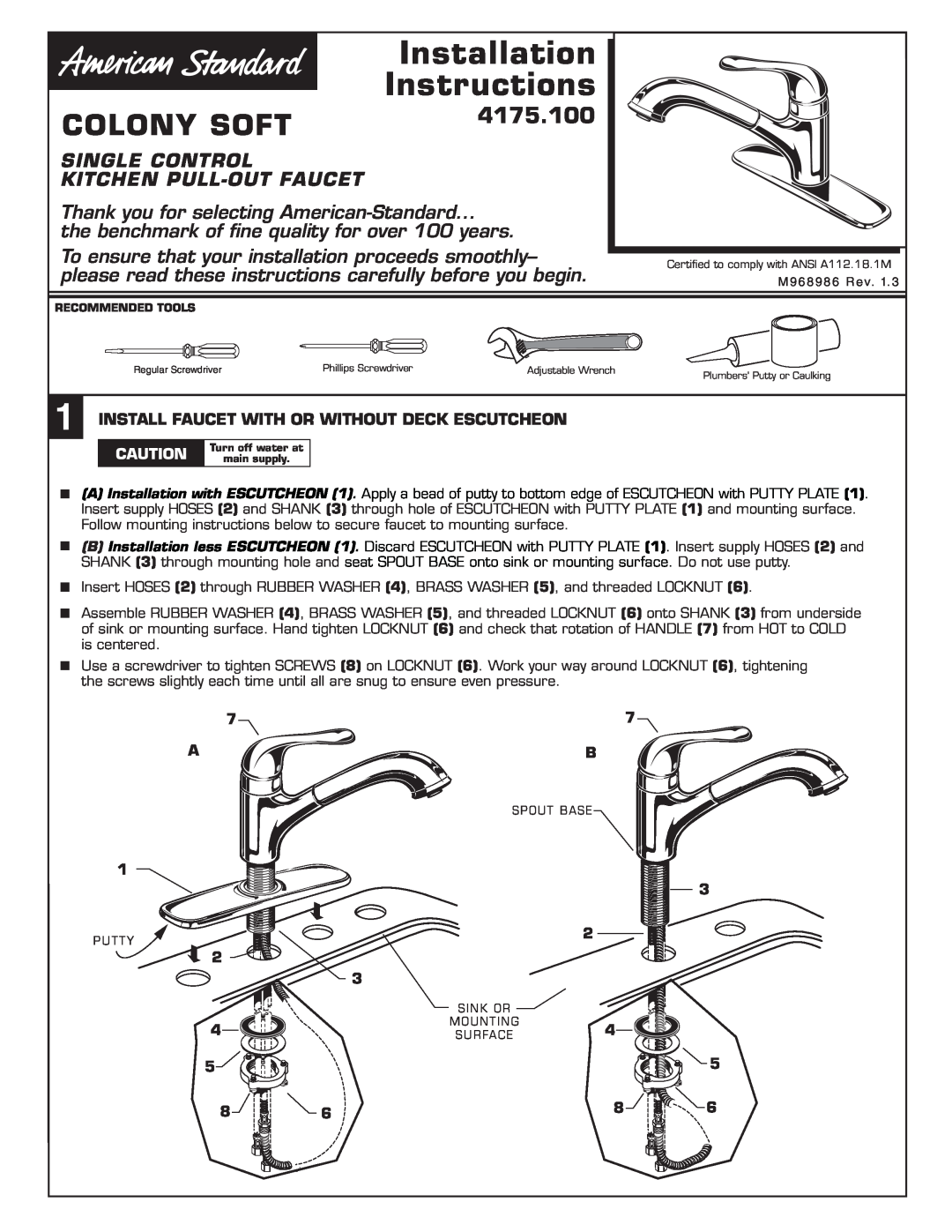 American Standard installation instructions Install Faucet With Or Without Deck Escutcheon, Colony Soft, 4175.100 