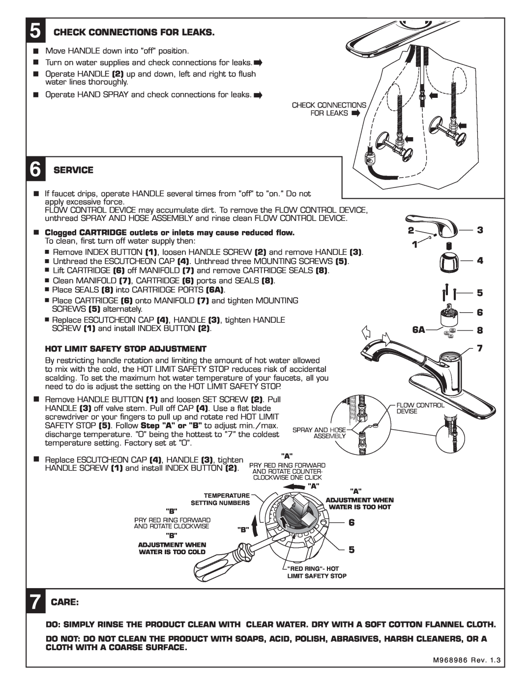 American Standard 4175.1 Check Connections For Leaks, Service, Care, Hot Limit Safety Stop Adjustment 
