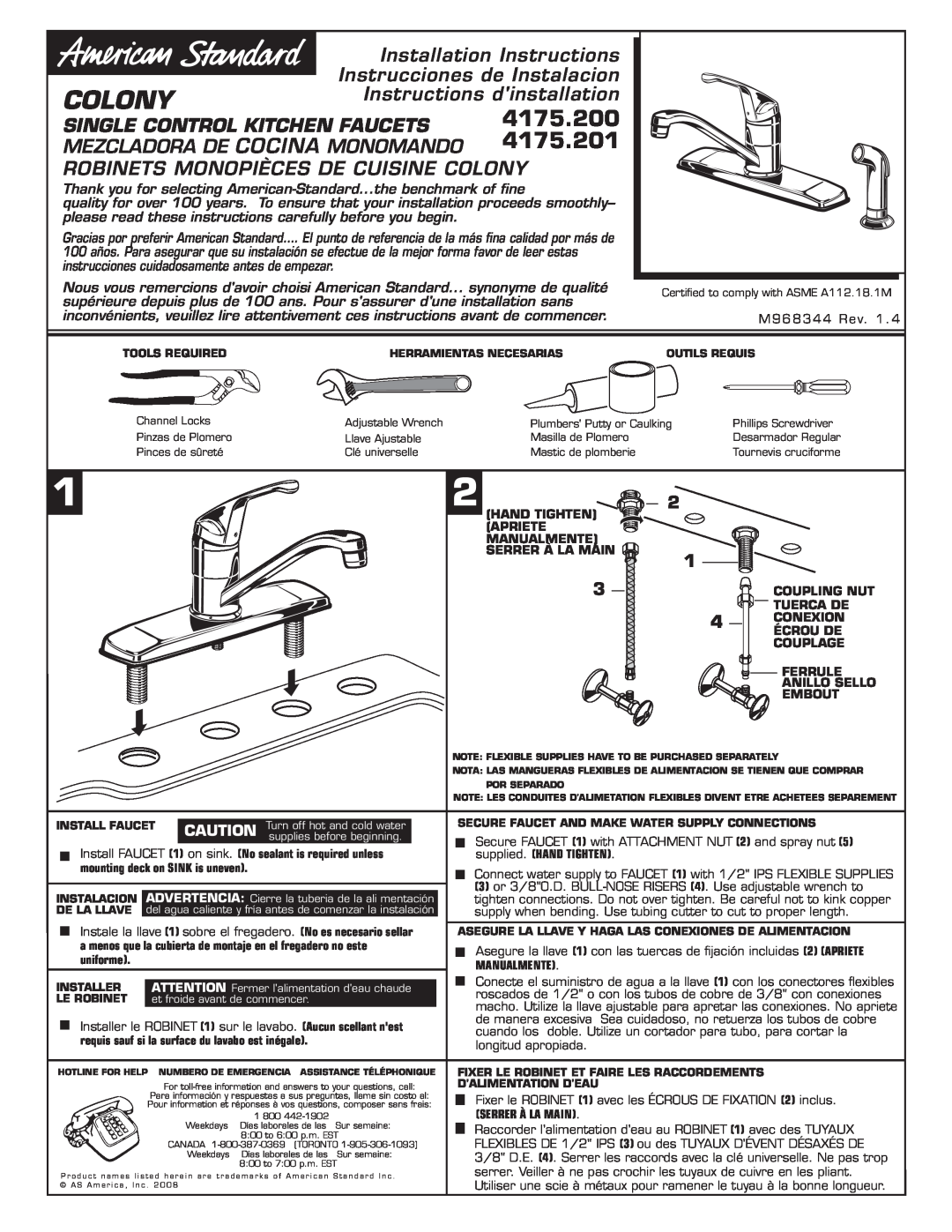 American Standard installation instructions Colony, 4175.200, 4175.201, Installation Instructions 