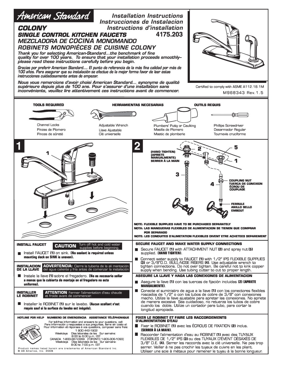 American Standard COLONY SINGLE CONTROL KITCHEN FAUCET installation instructions Single Control Kitchen Faucets, Colony 
