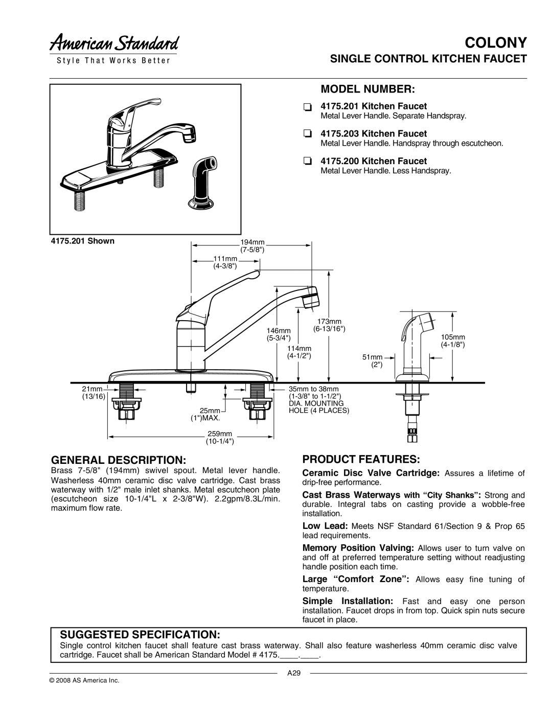 American Standard 4175.203 specifications Colony, Single Control Kitchen Faucet Model Number, General Description 