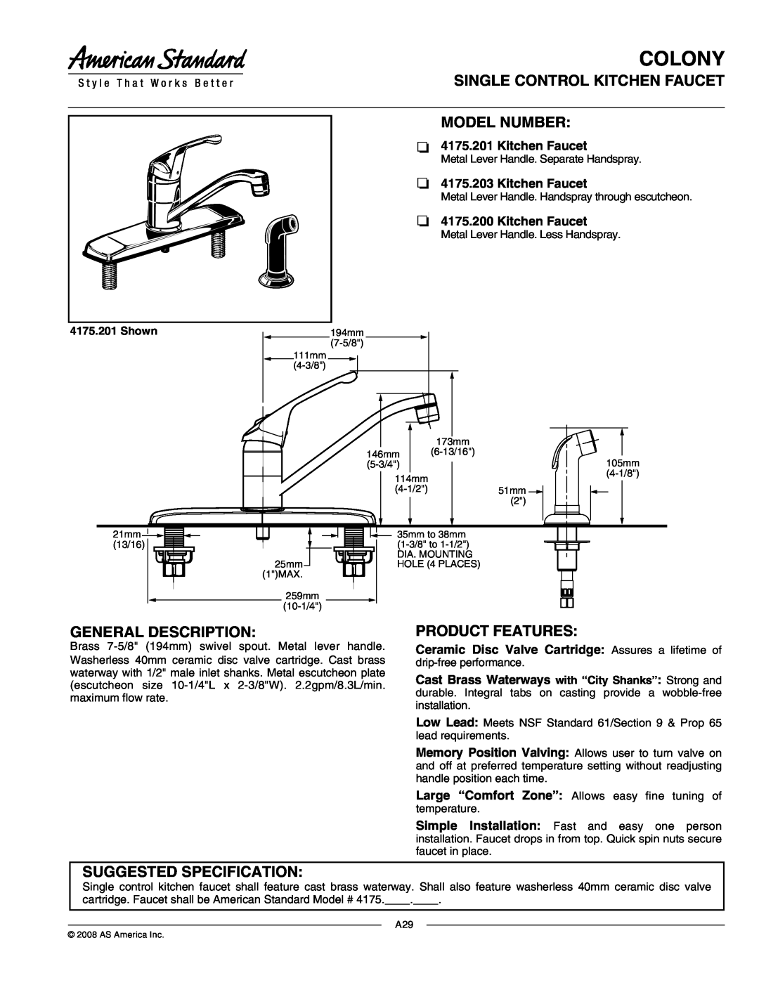 American Standard 4175.203 specifications Colony, Single Control Kitchen Faucet Model Number, General Description, Shown 