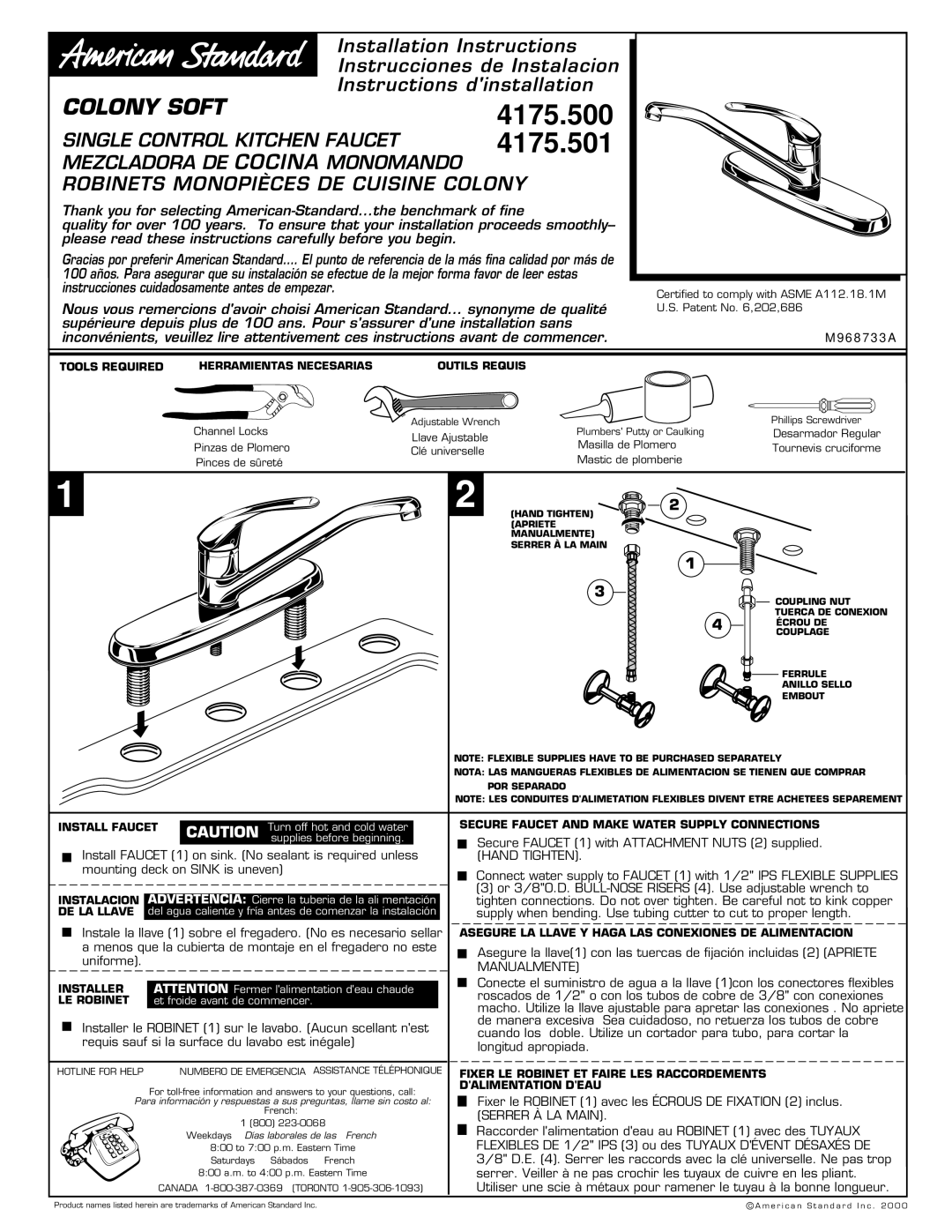 American Standard 4175.500, 4175.501 installation instructions Hand Tighten, Manualmente, Serrer À LA Main 