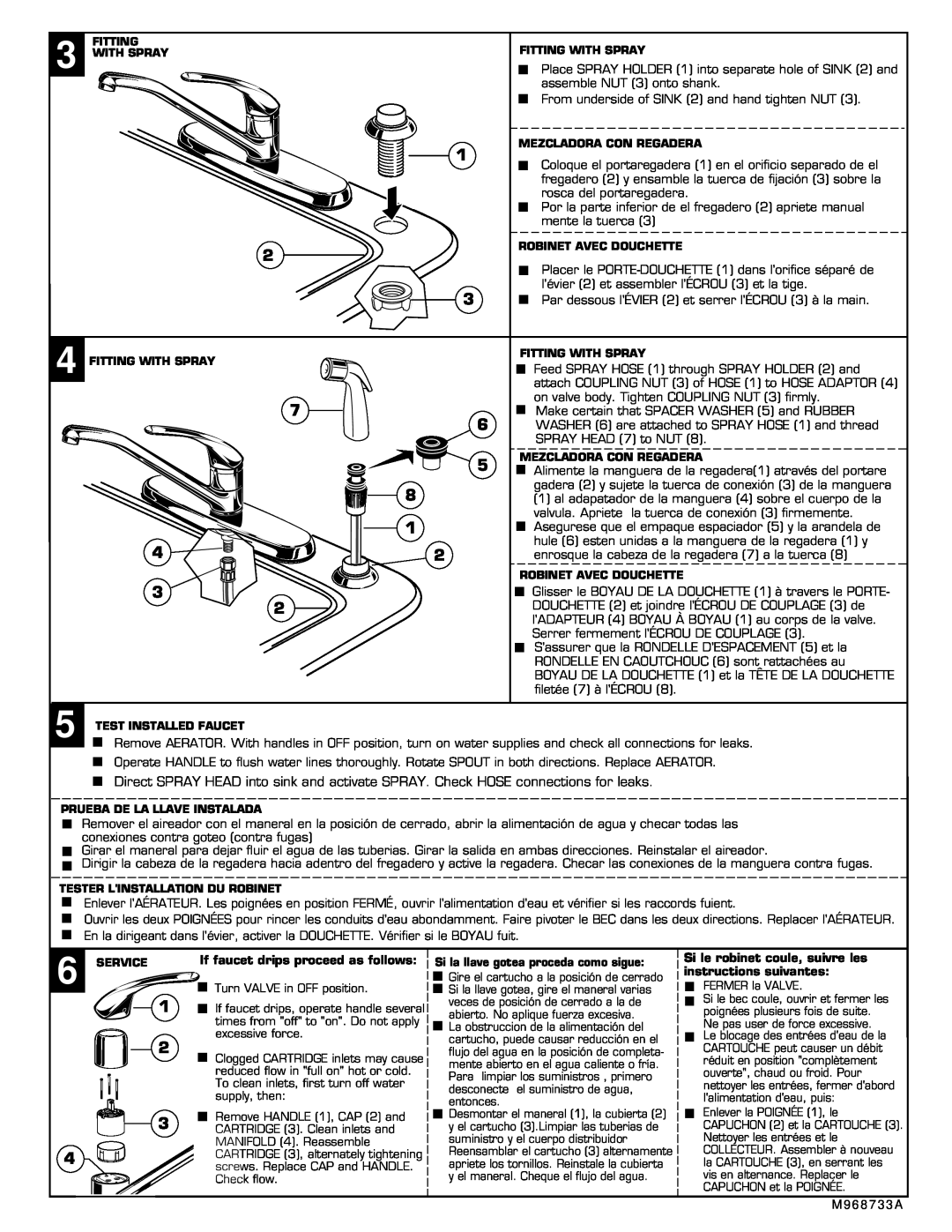American Standard 4175.501, 4175.500 installation instructions 1 2 3, If faucet drips proceed as follows 