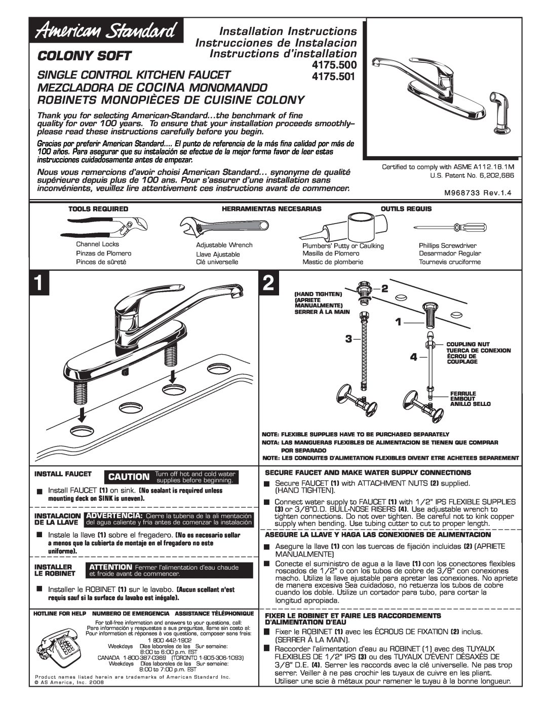 American Standard 4175.501 installation instructions Colony Soft, Installation Instructions, Instrucciones de Instalacion 