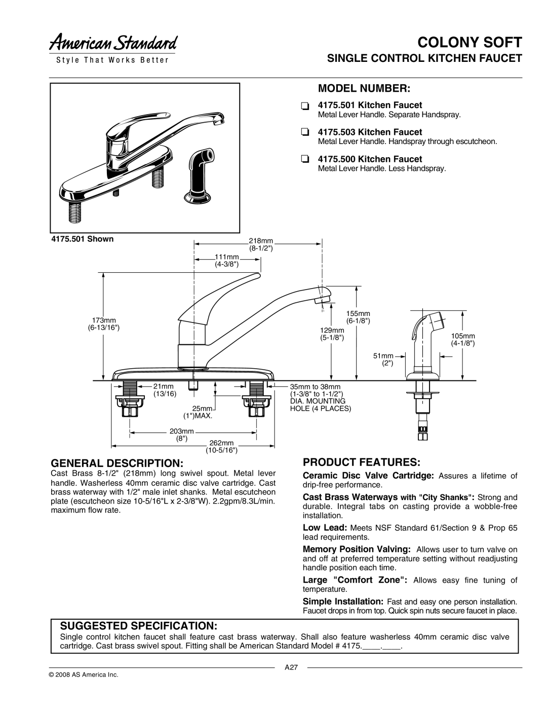 American Standard 4175.503 specifications Colony Soft, Single Control Kitchen Faucet Model Number, General Description 