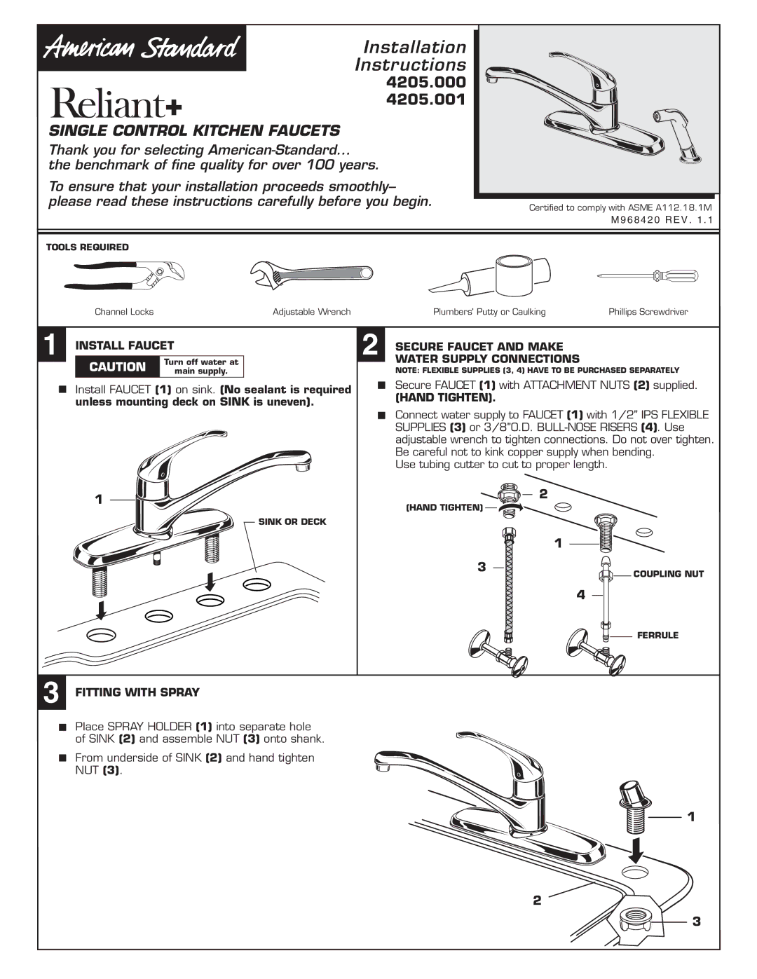 American Standard 4205.000 installation instructions Install Faucet, Secure Faucet and Make Water Supply Connections 