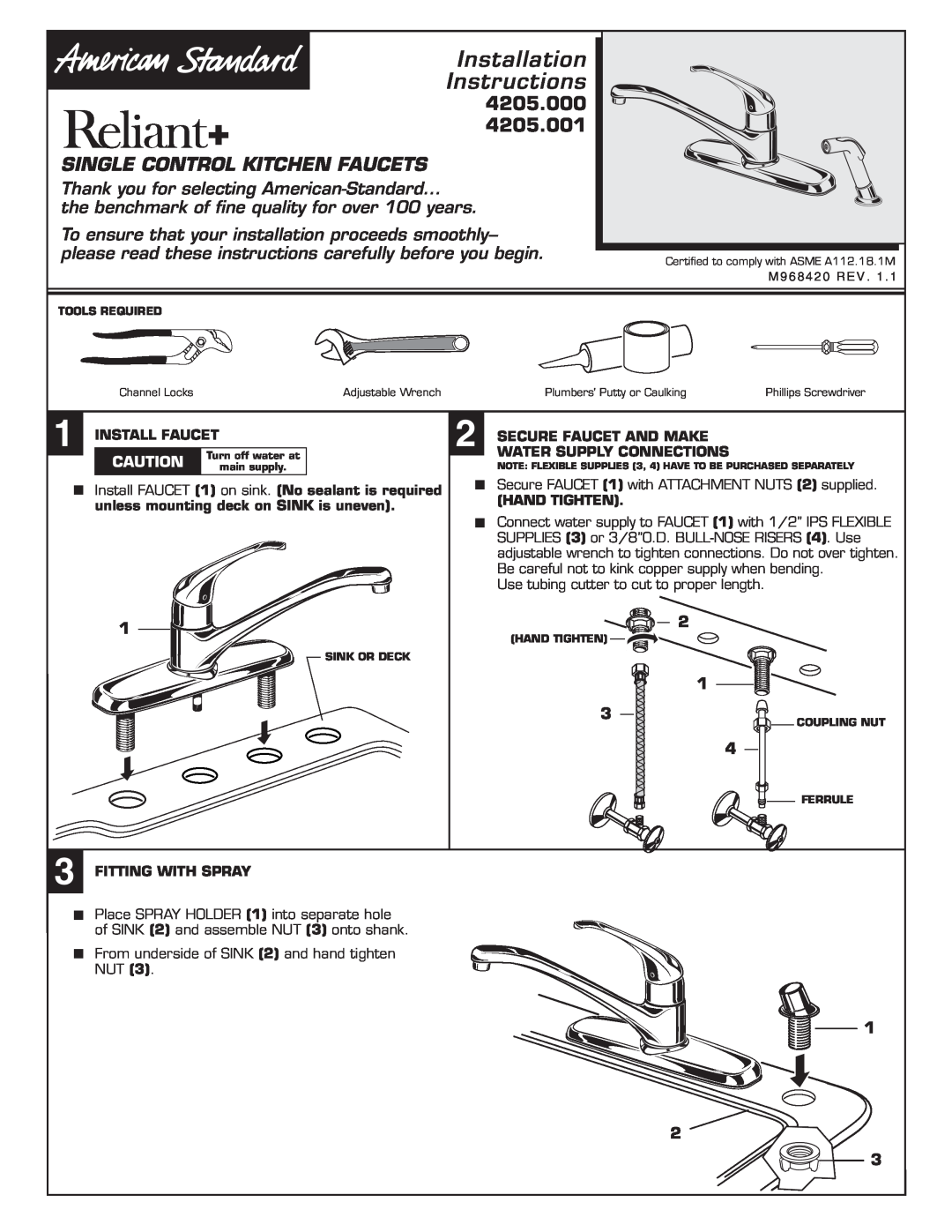 American Standard 4205.000 installation instructions Install Faucet, Secure Faucet And Make Water Supply Connections 
