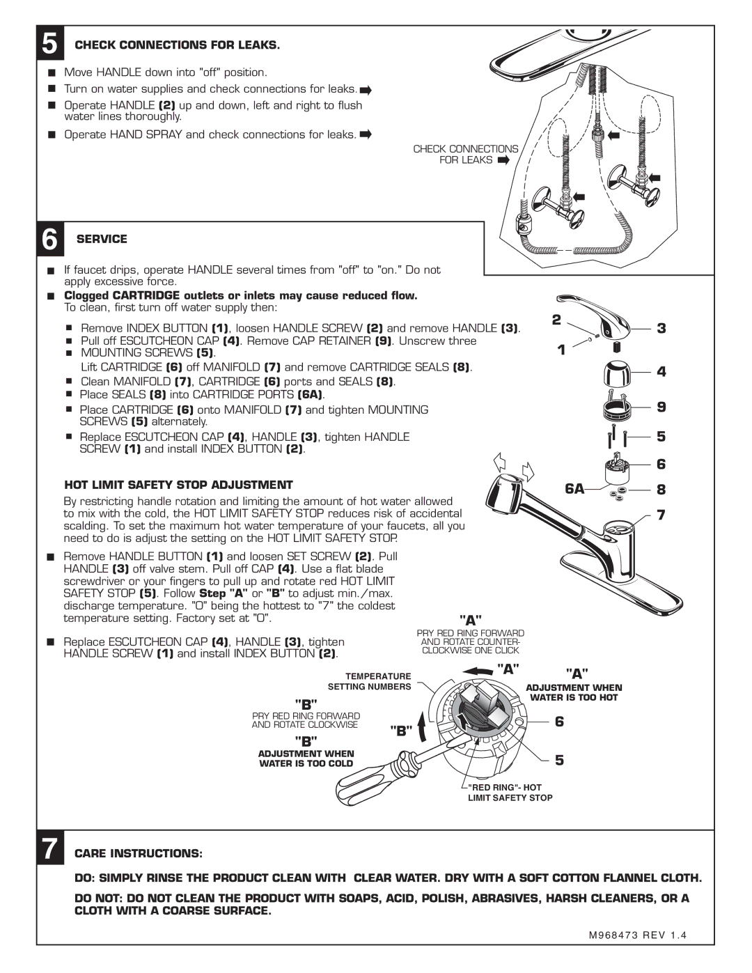 American Standard 4205.100 installation instructions Check Connections for Leaks, Service, HOT Limit Safety Stop Adjustment 