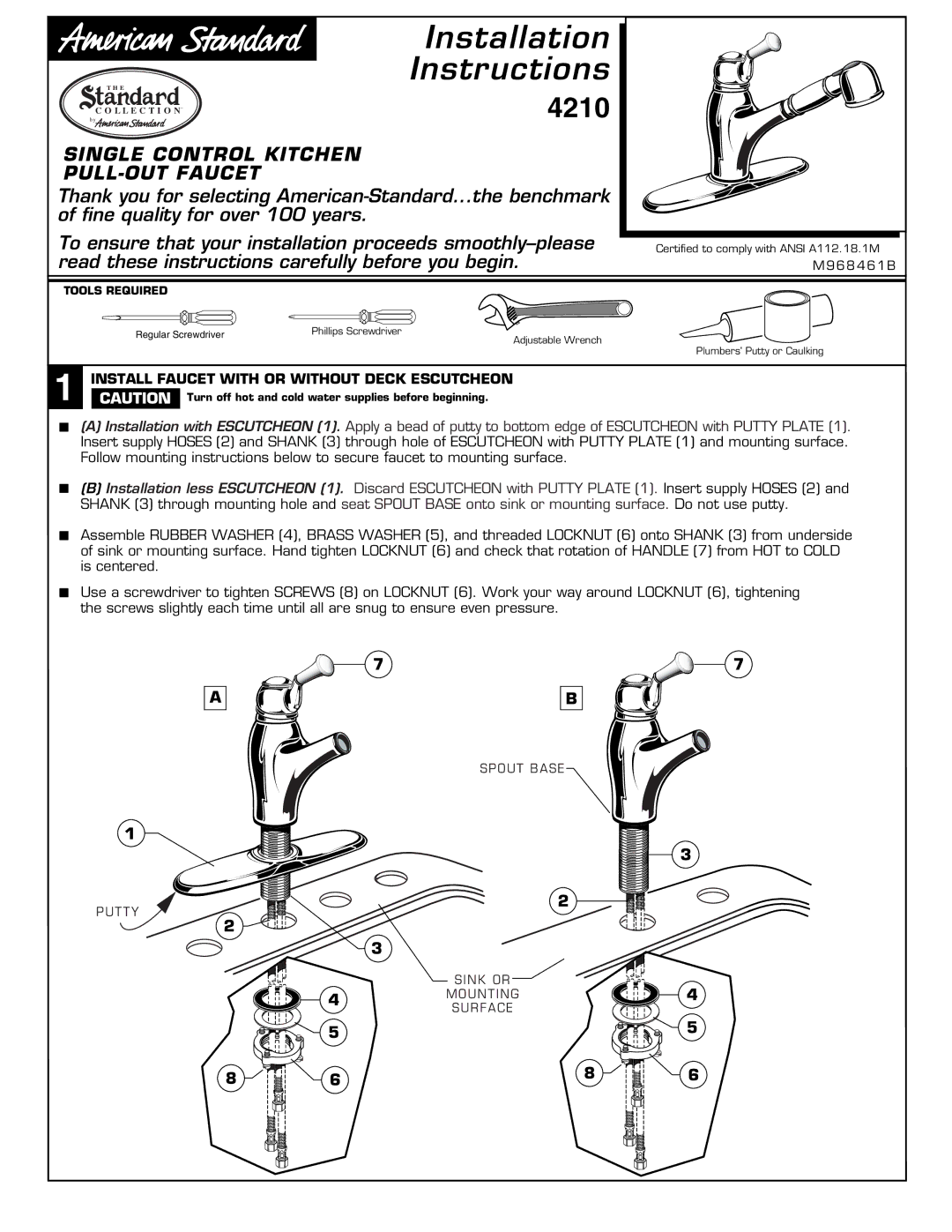 American Standard 4210 installation instructions Installation Instructions, Install Faucet with or Without Deck Escutcheon 