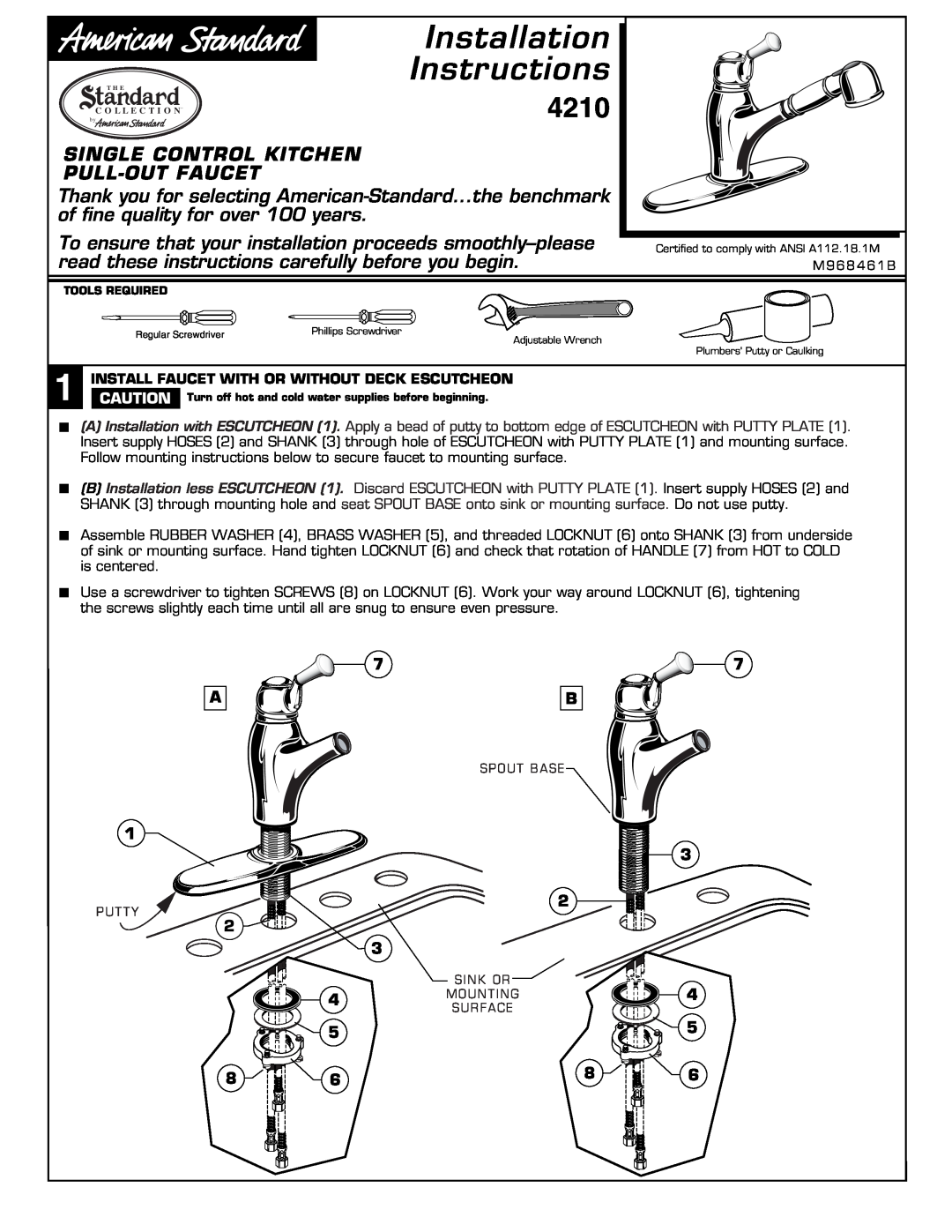 American Standard 4210 installation instructions Single Control Kitchen Pull-Outfaucet, Installation Instructions 