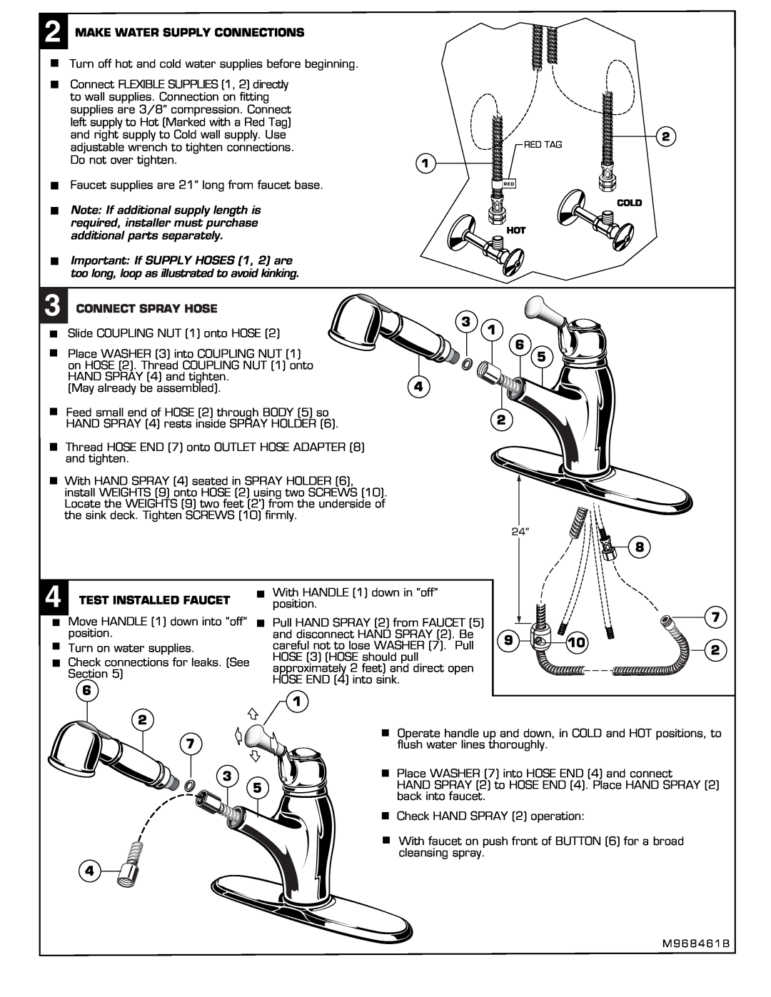 American Standard 4210 installation instructions Make Water Supply Connections, Connect Spray Hose, Test Installed Faucet 
