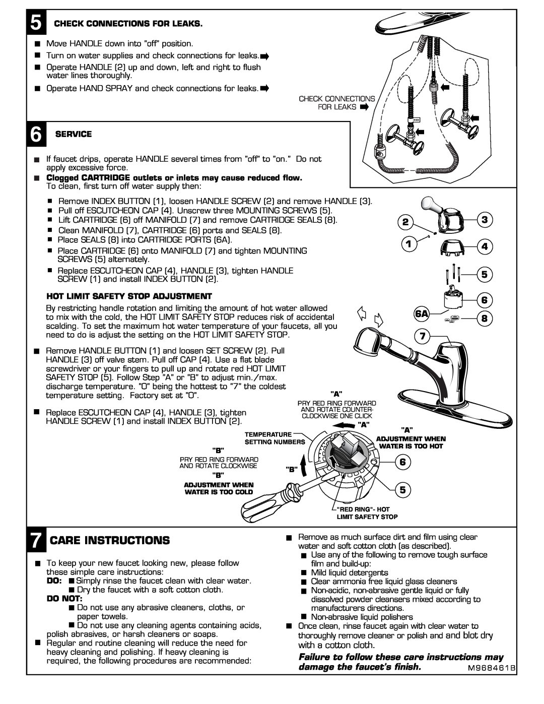 American Standard 4210 Care Instructions, 5 6 6A, with a cotton cloth, Check Connections For Leaks, Service, Do Not 