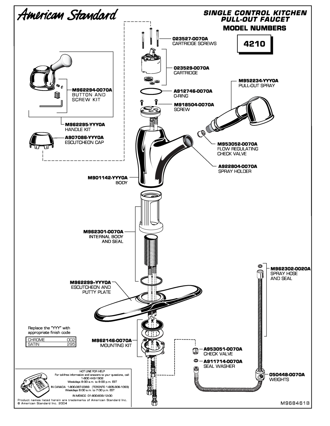 American Standard 4210 installation instructions Model Numbers, Single Control Kitchen Pull-Outfaucet 
