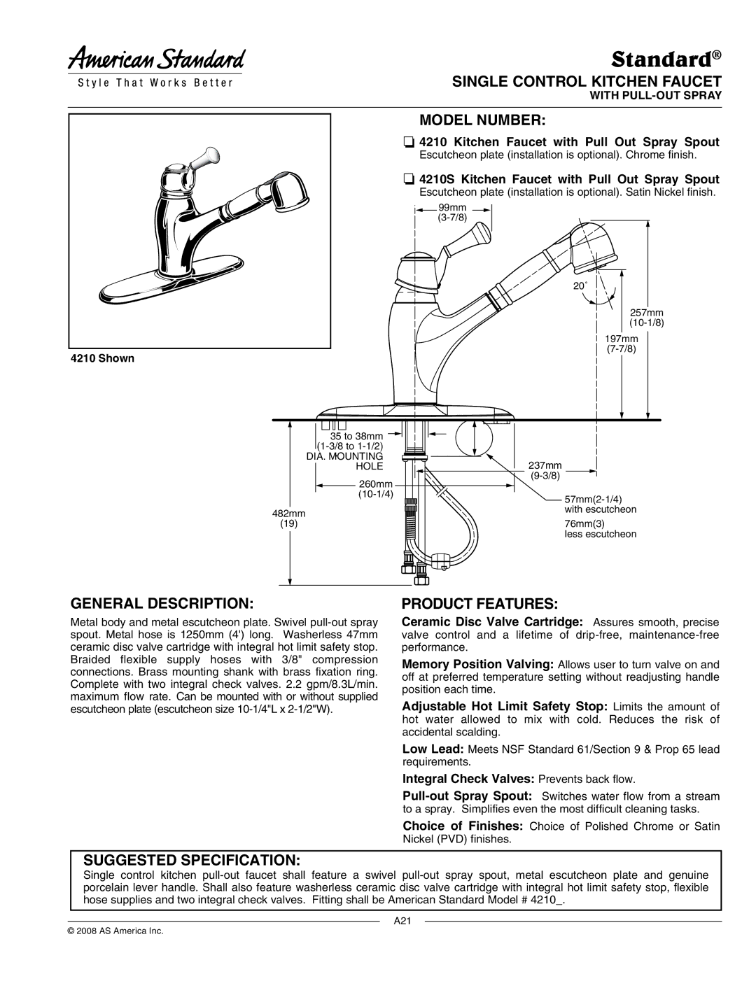 American Standard 4210S specifications Single Control Kitchen Faucet, Model Number, General Description, Product Features 