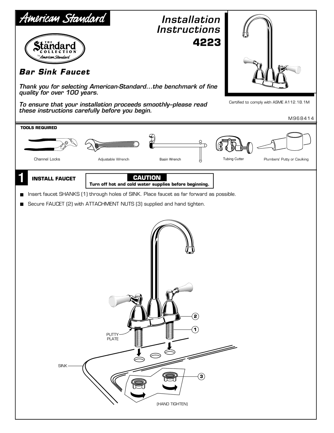 American Standard 4223 installation instructions Installation Instructions, Install Faucet 