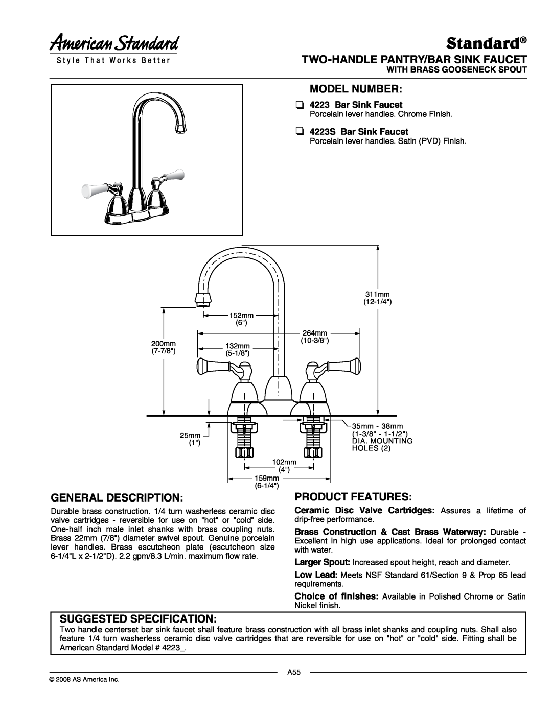 American Standard manual Standard, 4223S Bar Sink Faucet, With Brass Gooseneck Spout, Model Number 