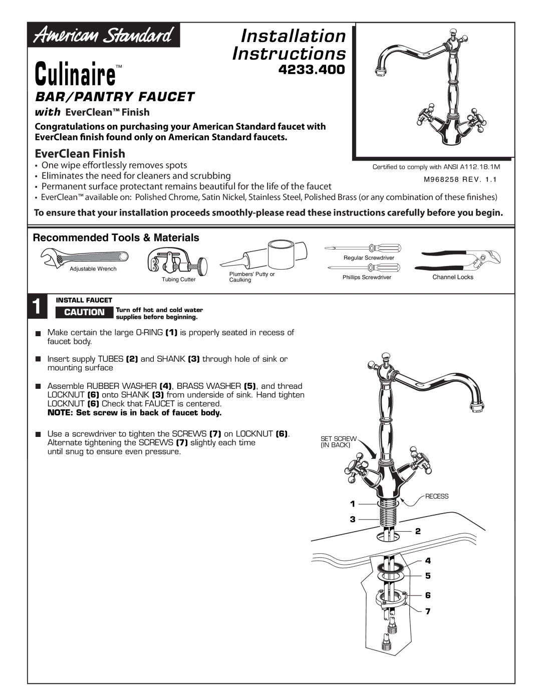 American Standard 4233.400 installation instructions Culinaire, BAR/PANTRY Faucet, With EverClean Finish 