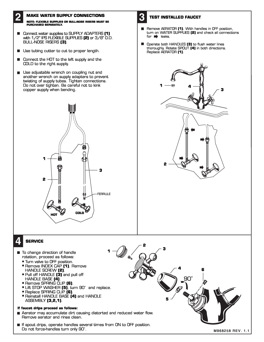 American Standard 4233.400 installation instructions Make Water Supply Connections, Test Installed Faucet,  Service 