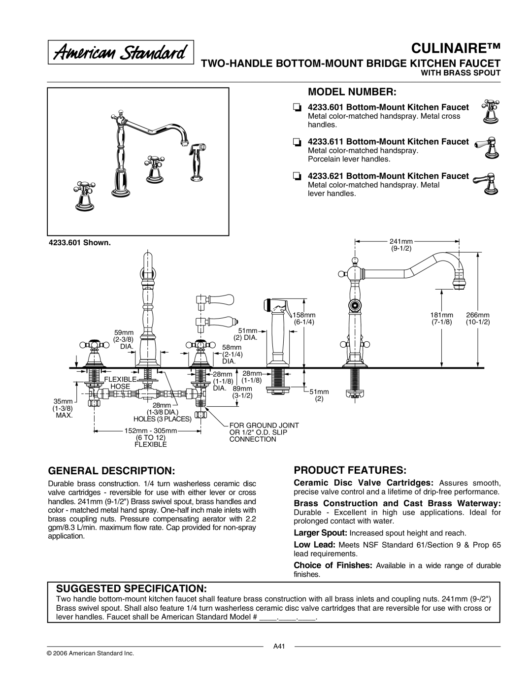 American Standard 4233.621 manual TWO-HANDLE BOTTOM-MOUNT Bridge Kitchen Faucet, Model Number, General Description 