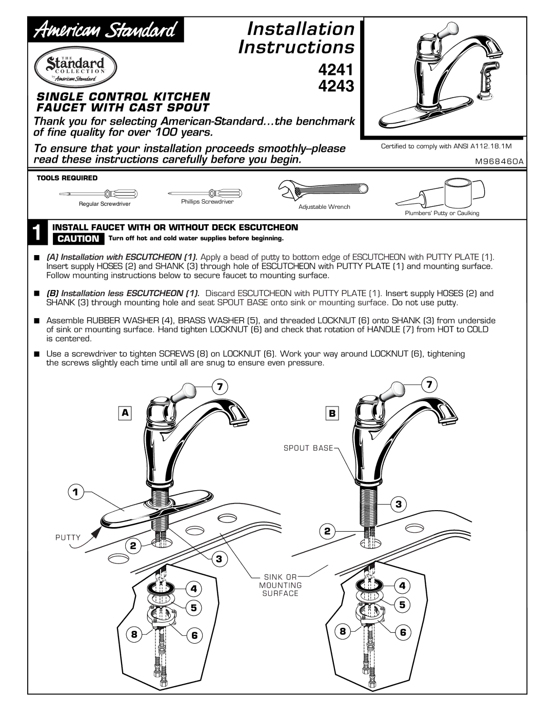 American Standard 4241 installation instructions Installation Instructions, Install Faucet with or Without Deck Escutcheon 